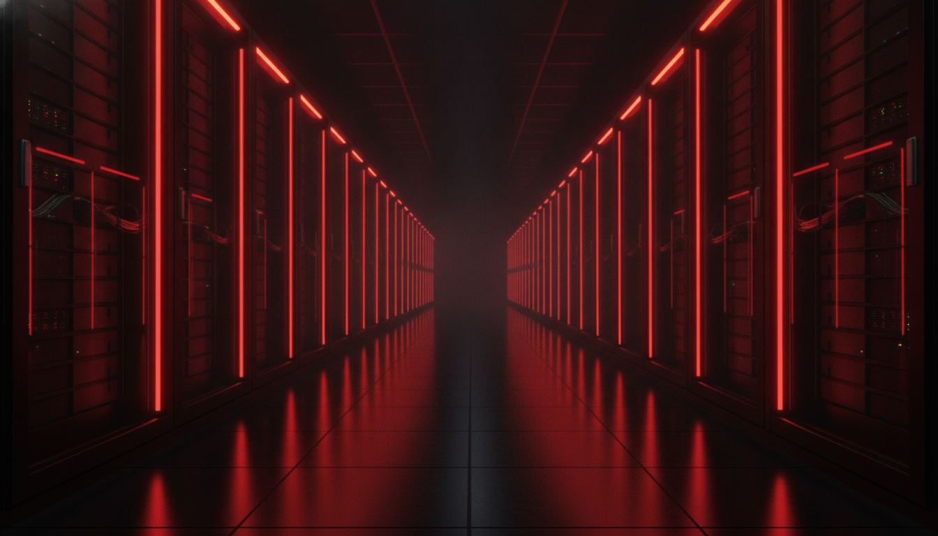 Corredor de data center com luzes vermelhas