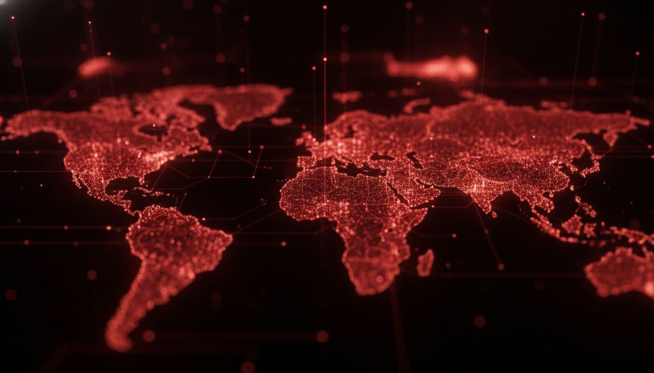 Rede global de dados com luzes vermelhas