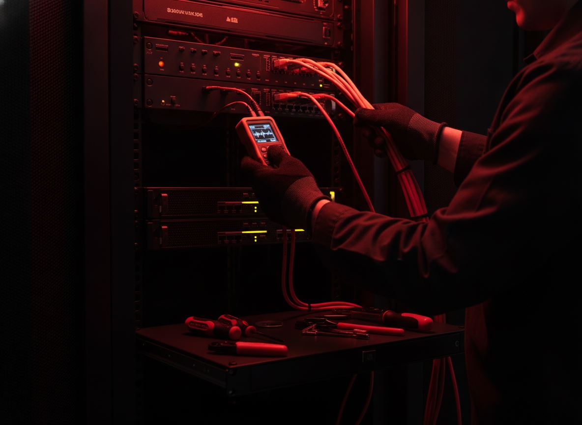 Técnico de redes trabalhando em equipamento de telecomunicações