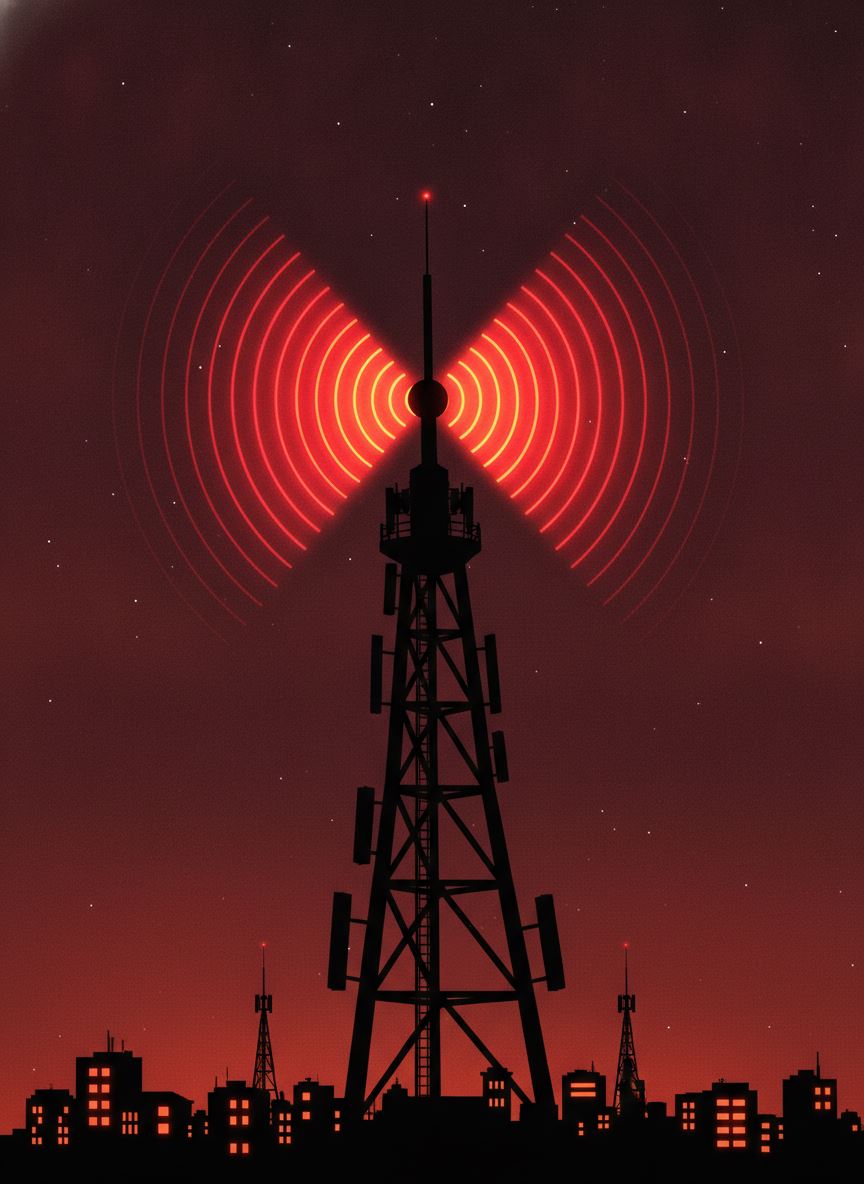 Torre de telecomunicações com ondas de sinal vermelhas ao entardecer